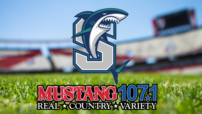 The Southside High Sharks are entering their third varsity season of high school football this year. All the exciting Sharks action can be heard again on Mustang 107.1 FM which has broadcast Southside High games since 2019. -- Photo illustration by Clint Domingue 