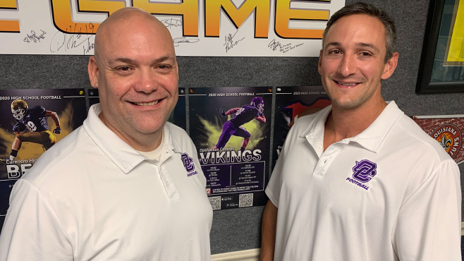 Monty Hanks (left) and Seth Richard will be on the call for Opelousas Catholic football this fall. Viking games will be broadcast on News Talk 98.5 FM and 1520 AM. — Photo by Raymond Partsch III
